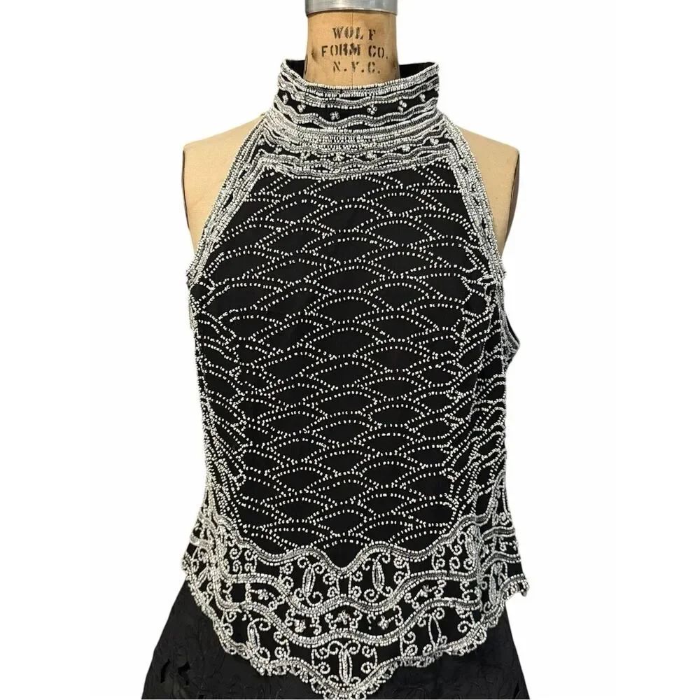 Papell Boutique Black Halter Camisole with Silver Beadwork Silk Size  XL
